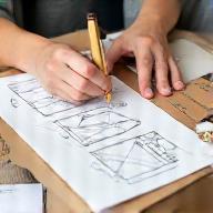 Hand sketching packaging ideas and reviewing a prototype box
